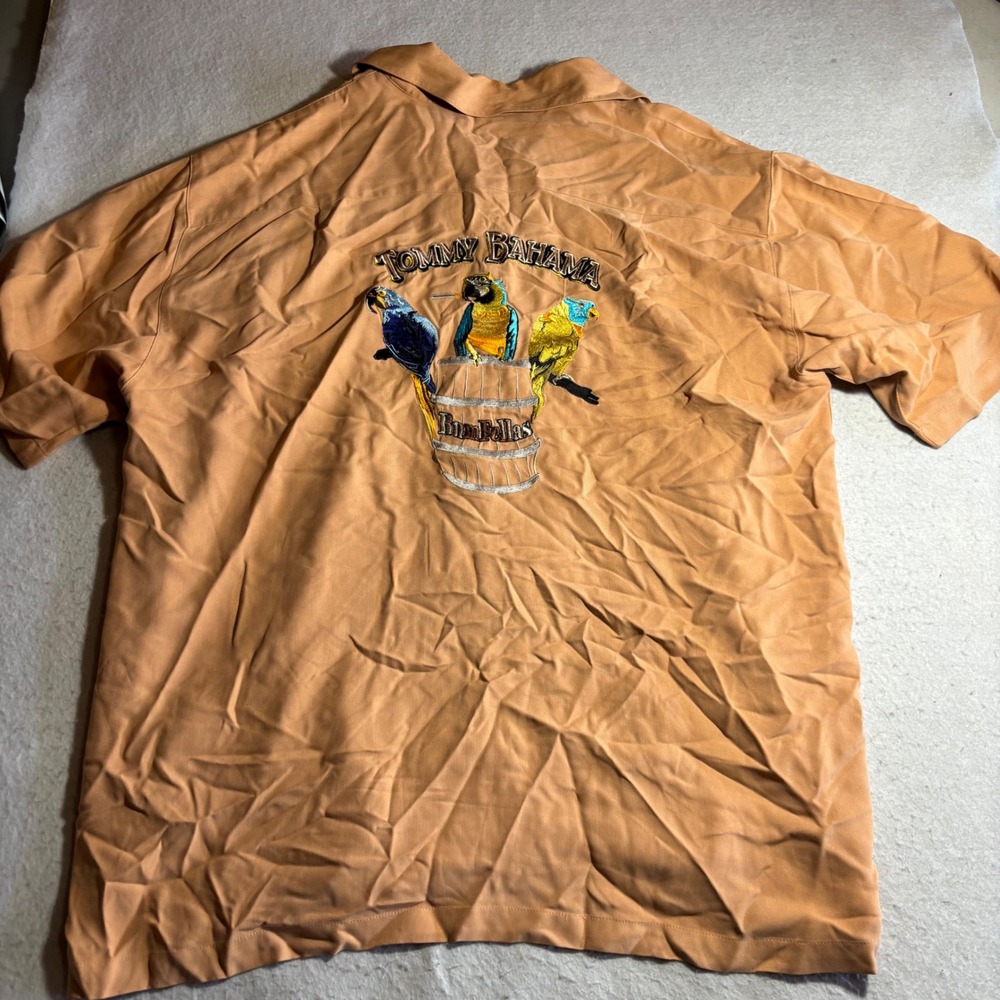 Tommy Bahama Mens Large Silk Rum Fellas Parrot Embroidered Camp Shirt Peach
